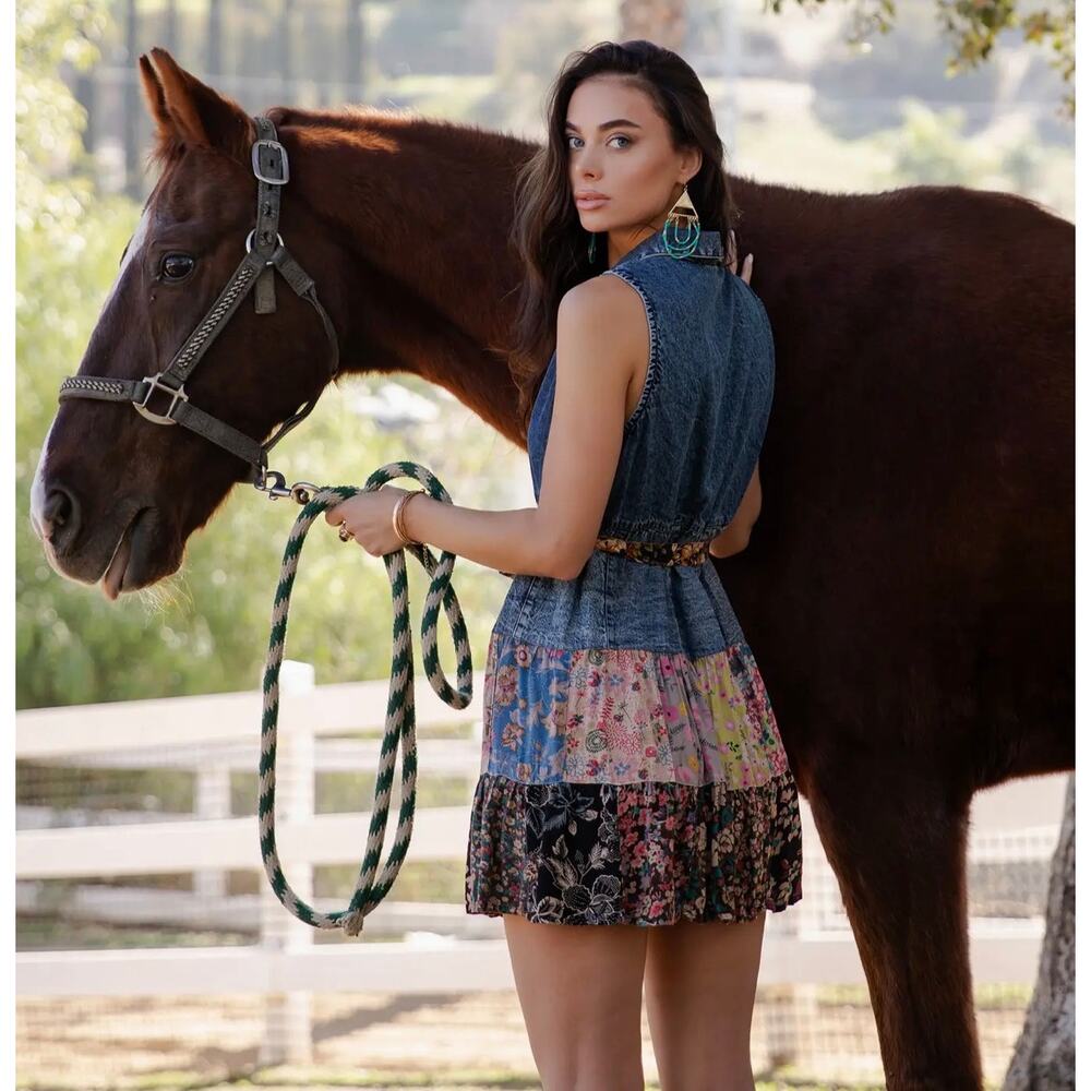 NWT Young Threads Denim Patchwork Shirt Dress Large Boho Western Tiered
